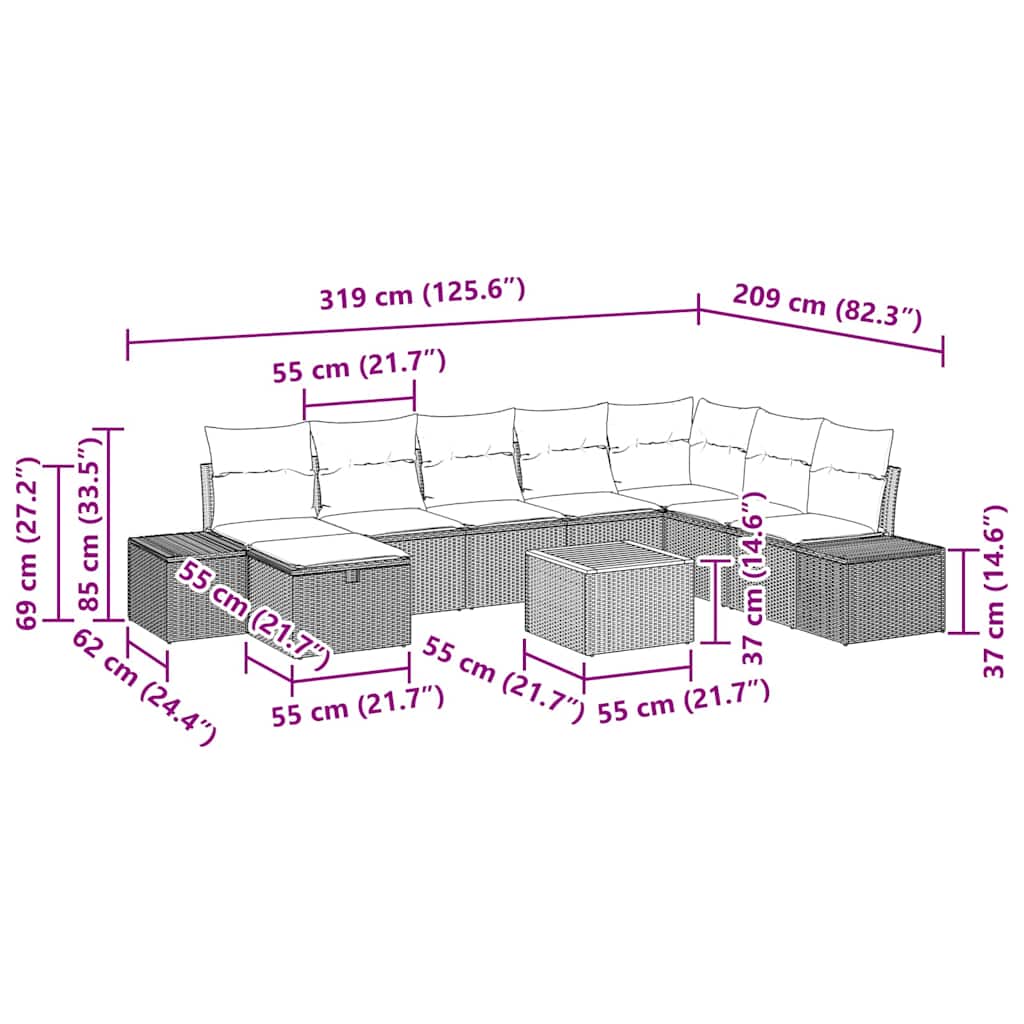 Garten-Sofa-Set mit Kissen 9 pcs Schwarz Poly Rattan